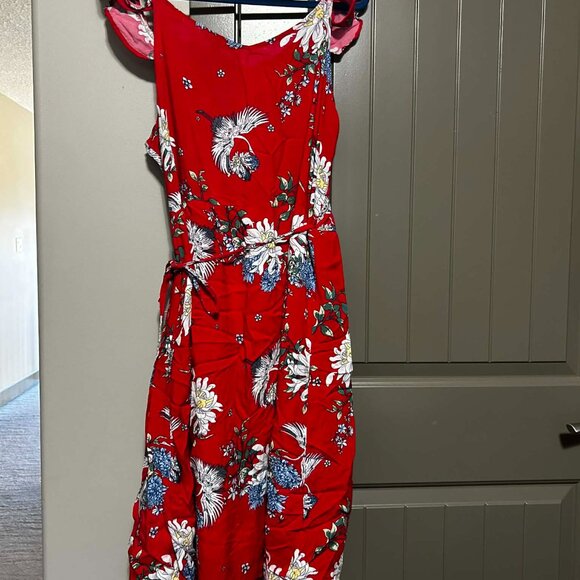 Silver Jeans Co. Red Floral Wrap Dress with Ruffles | Size L | Cranes & Blossoms - Picture 4 of 12